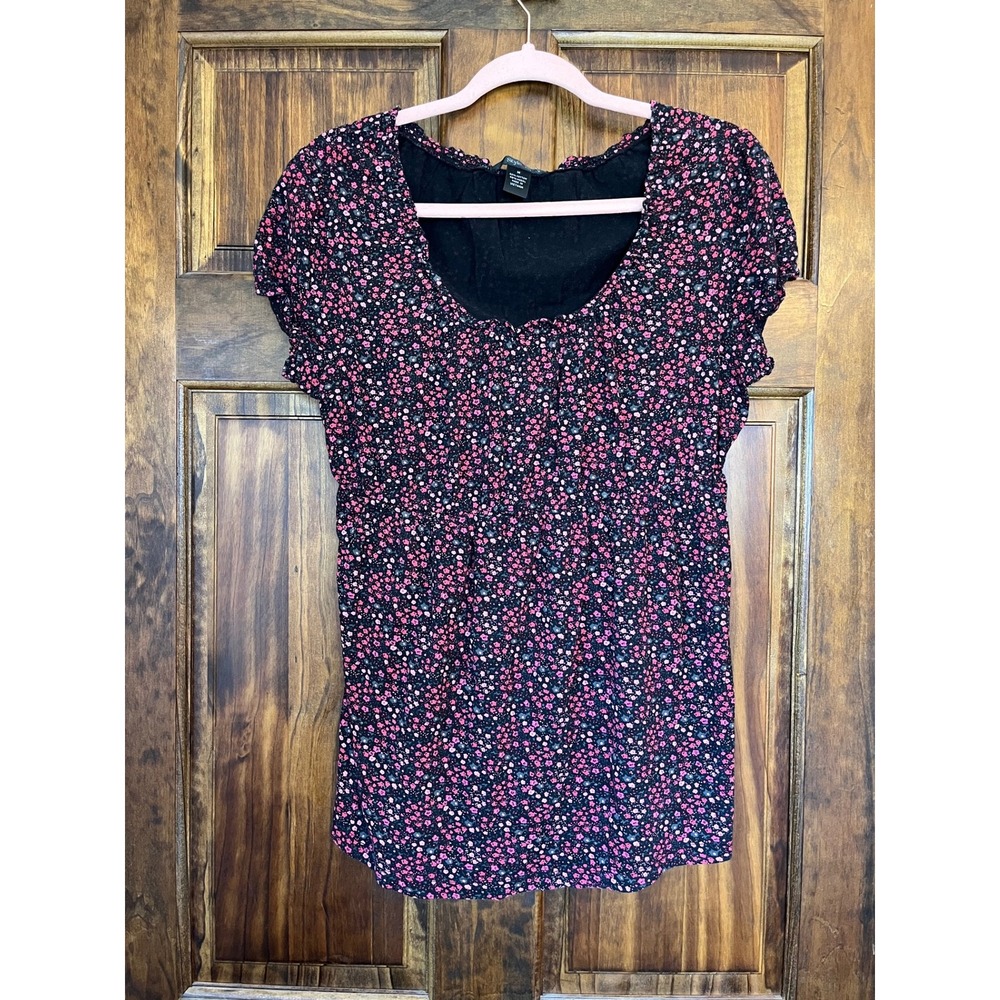 Style & Co Women's Black Floral Print Gathered Waist Top Size M